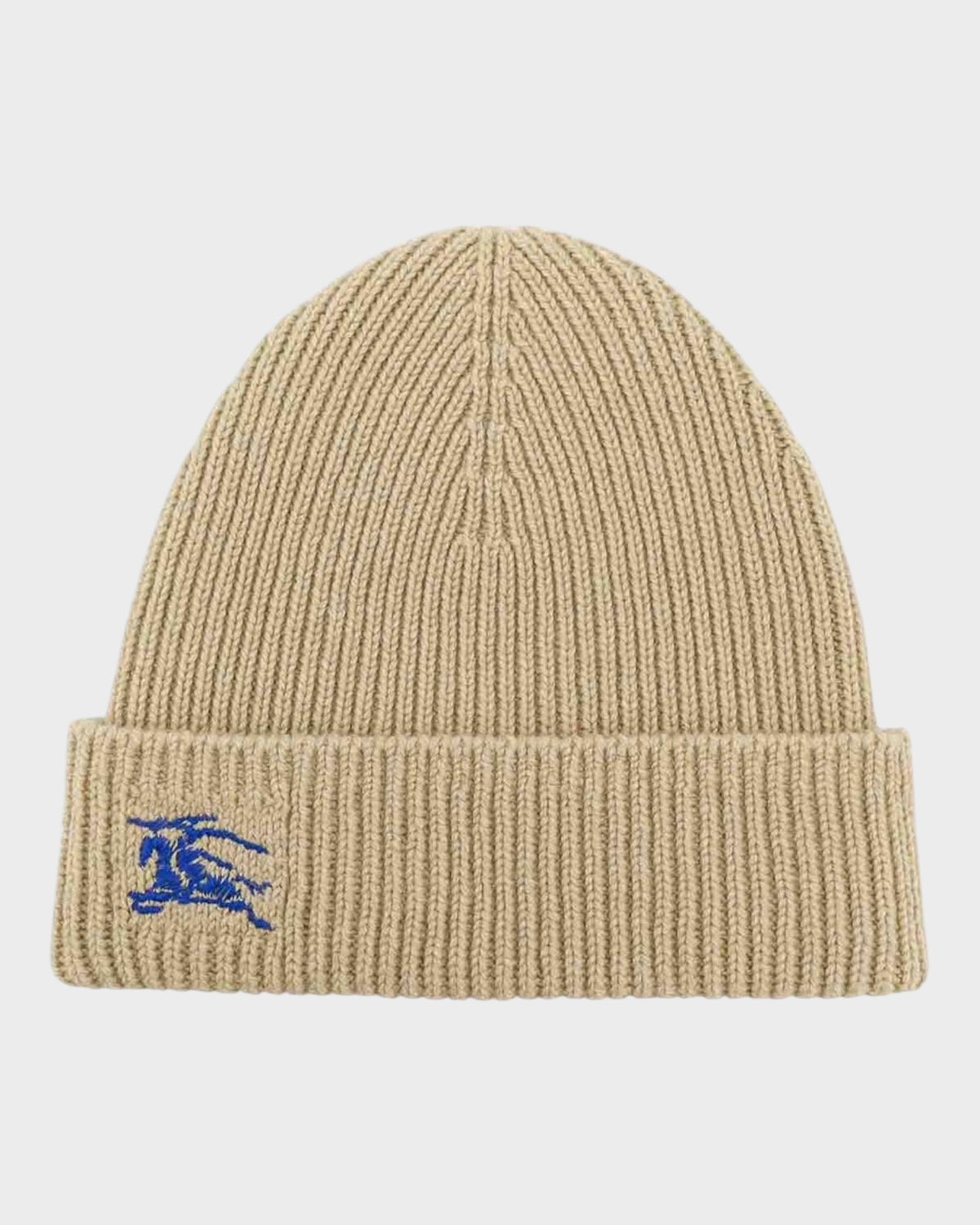 Strickmütze – Beige mit blauem Reiter-Logo