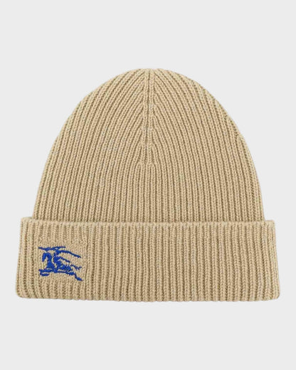 Strickmütze – Beige mit blauem Reiter-Logo