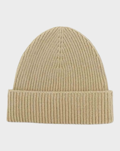 Strickmütze – Beige mit blauem Reiter-Logo
